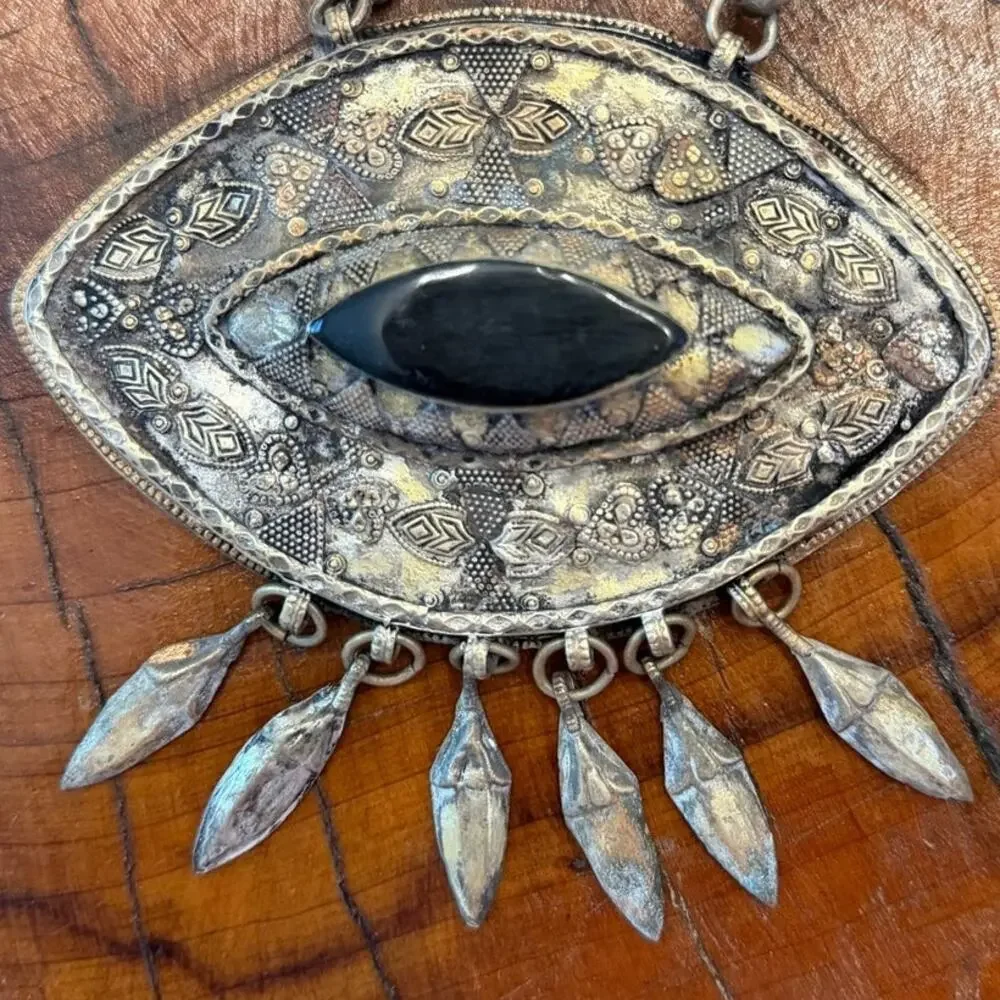 Vintage 60s Silver Tone Metal & Black Stone Afghan Evil Eye Oversize Pendant